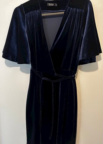 Bershka Lacivert V Yakalı Mini Kadife Elbise - Görsel 2