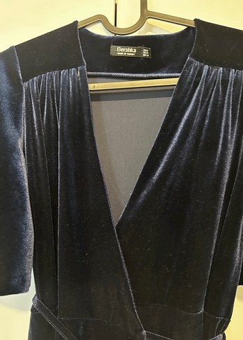 Bershka Lacivert V Yakalı Mini Kadife Elbise - Görsel 4