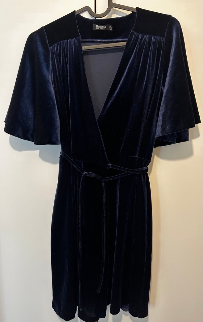 Bershka Lacivert V Yakalı Mini Kadife Elbise - Görsel 2