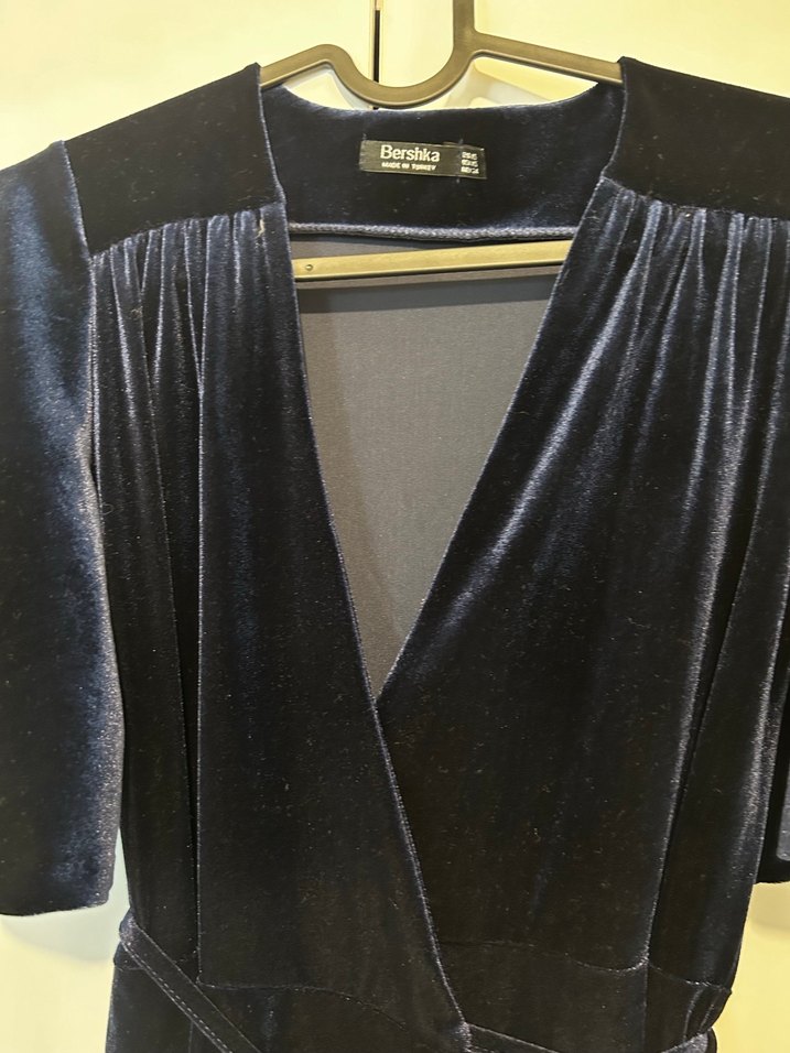 Bershka Lacivert V Yakalı Mini Kadife Elbise - Görsel 4