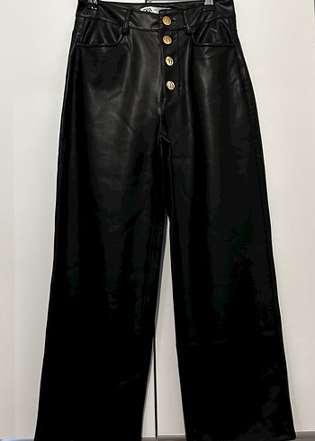 ZARA Düğmeli Siyah Deri Kadın Pantolon - Görsel 3