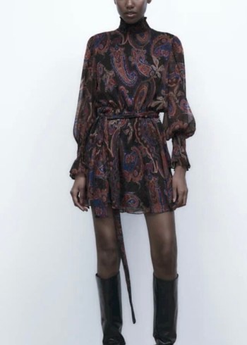 ZARa Bohem Yüksek Yaka Kemerli Mini Elbise - Görsel 2