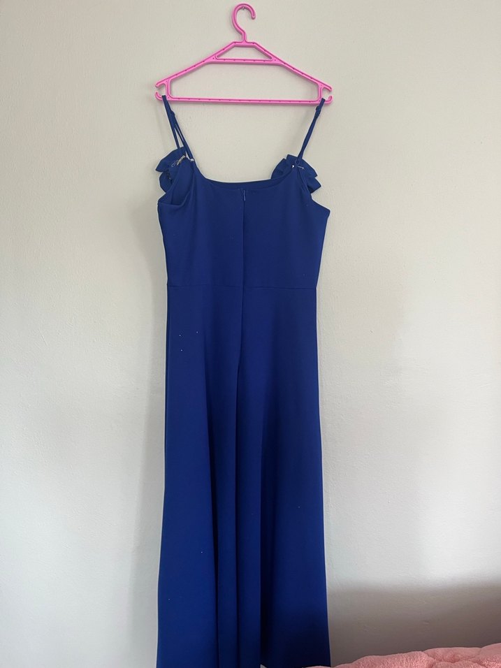 Uzun Mavi İnce Askılı Kadın Abiye Elbise - Görsel 3