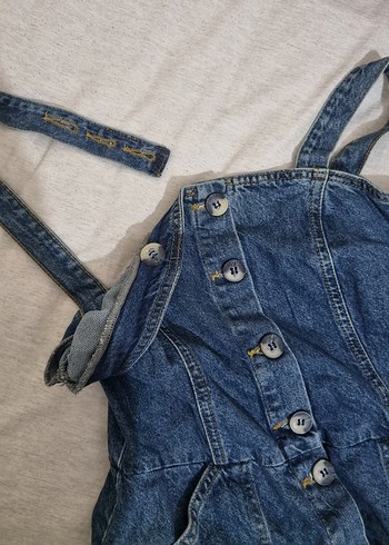 Düğmeli Lacivert Denim Mini Salopet - Görsel 3