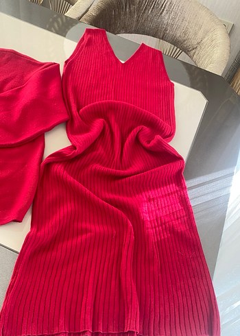 Kadın Kırmızı Uzun Pilili Triko Elbise - Görsel 7