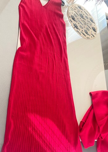 Kadın Kırmızı Uzun Pilili Triko Elbise - Görsel 4