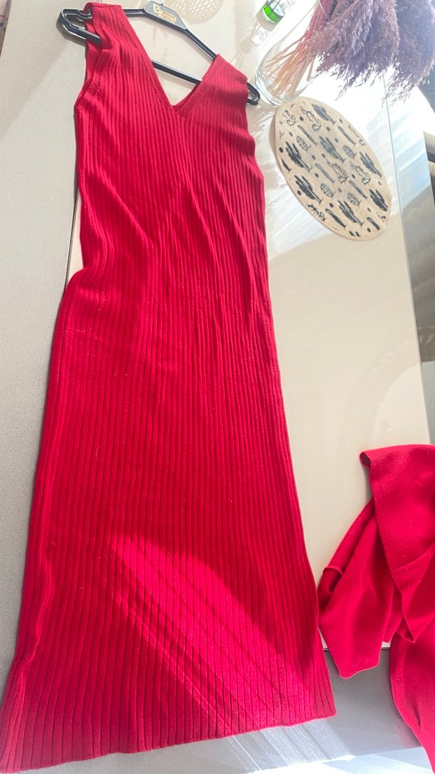 Kadın Kırmızı Uzun Pilili Triko Elbise - Görsel 4