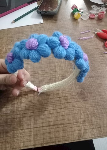 Renkli Nakışlı Örgü Mavi Çocuk Saç Bandı - Görsel 5