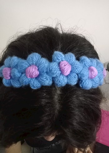 Renkli Nakışlı Örgü Mavi Çocuk Saç Bandı - Görsel 2