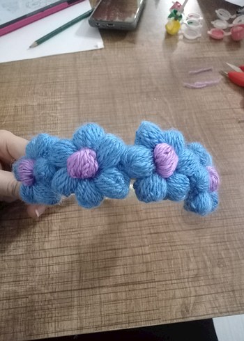 Renkli Nakışlı Örgü Mavi Çocuk Saç Bandı - Görsel 6