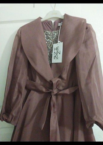 Kahverengi Uzun Kollu Vintage Nişan Elbisesi - Görsel 3