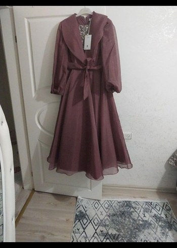 Kahverengi Uzun Kollu Vintage Nişan Elbisesi - Görsel 2