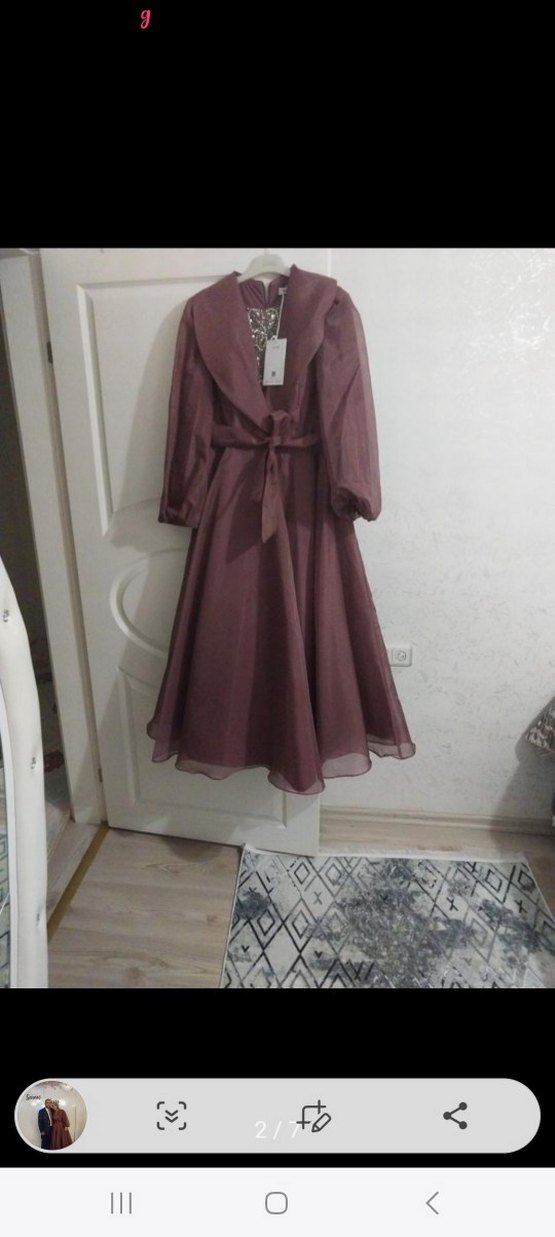 Kahverengi Uzun Kollu Vintage Nişan Elbisesi - Görsel 2