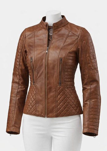 Kahverengi Kadın Deri Biker Ceket - Görsel 2