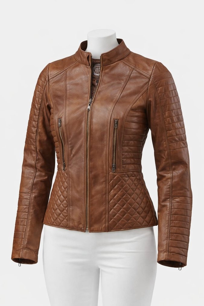 Kahverengi Kadın Deri Biker Ceket - Görsel 2