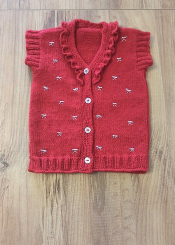 Nakışlı Kırmızı Kız Örgü Süveter - Görsel 4