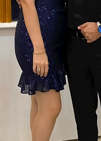 Lacivert Simli V Yaka Midi Elbise - Görsel 2