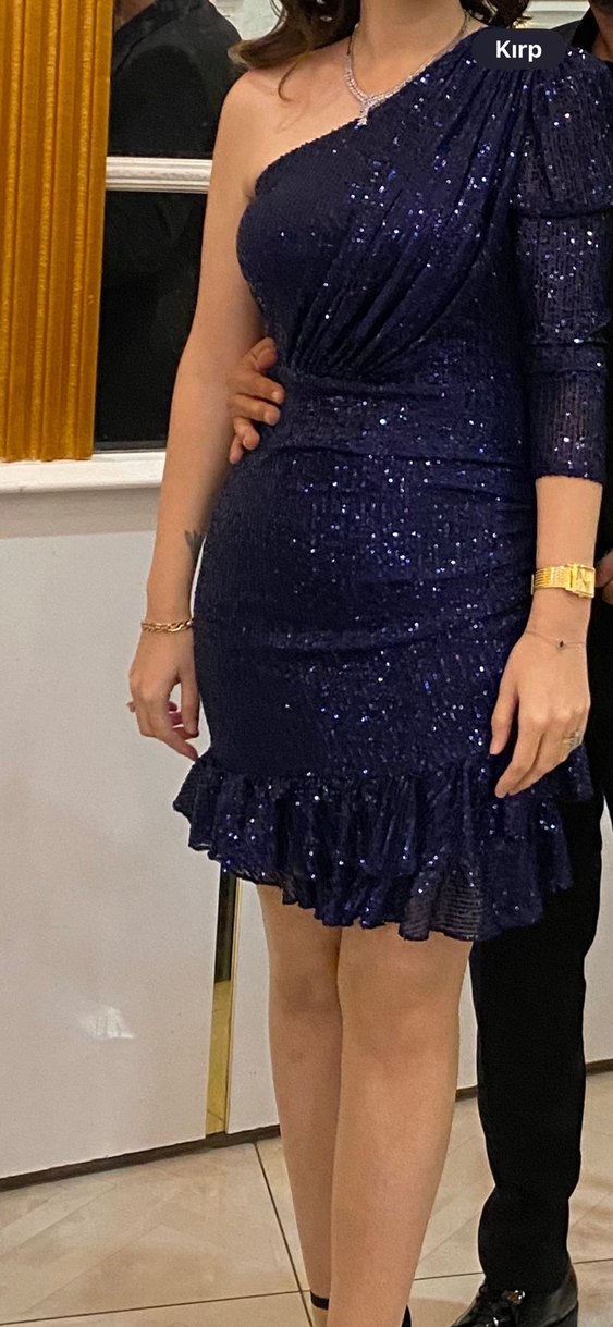 Lacivert Simli V Yaka Midi Elbise - Görsel 3