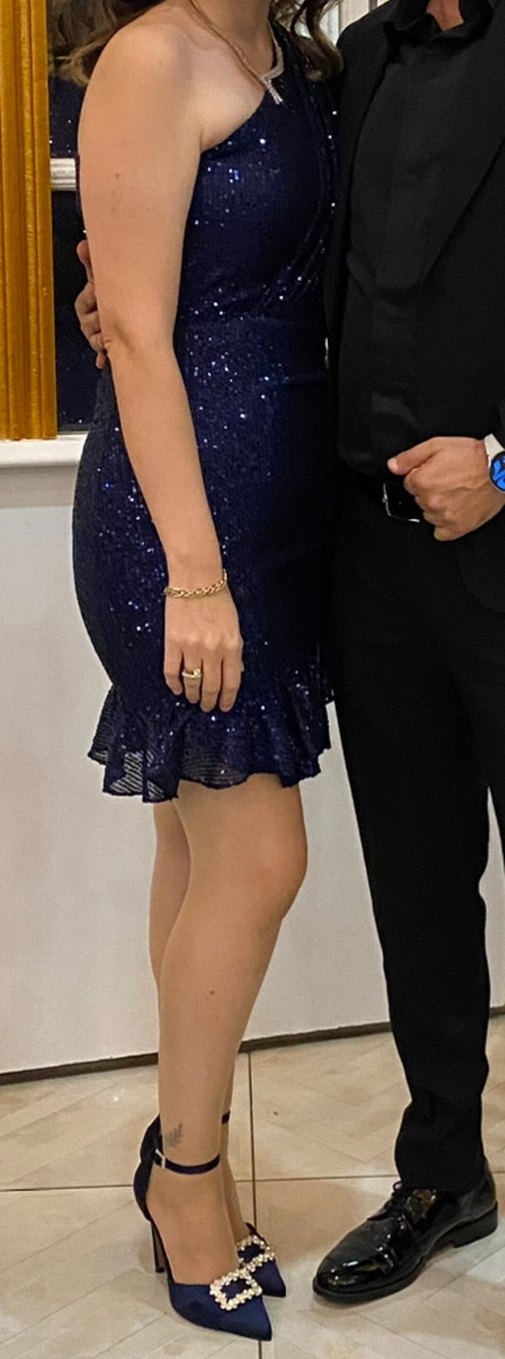 Lacivert Simli V Yaka Midi Elbise - Görsel 2