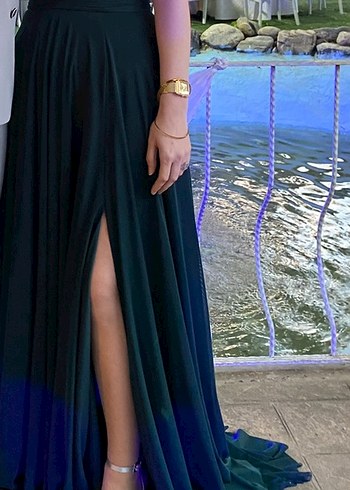 Yeşil, V Yakalı, Uzun ve Salaş Kadın Elbisesi - Görsel 2