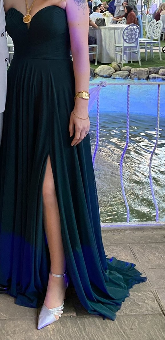 Yeşil, V Yakalı, Uzun ve Salaş Kadın Elbisesi - Görsel 2