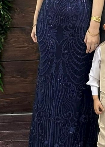Boncuk İşlemeli Lacivert Uzun Abiye Elbise - Görsel 2