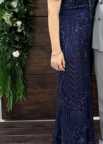 Boncuk İşlemeli Lacivert Uzun Abiye Elbise - Görsel 3