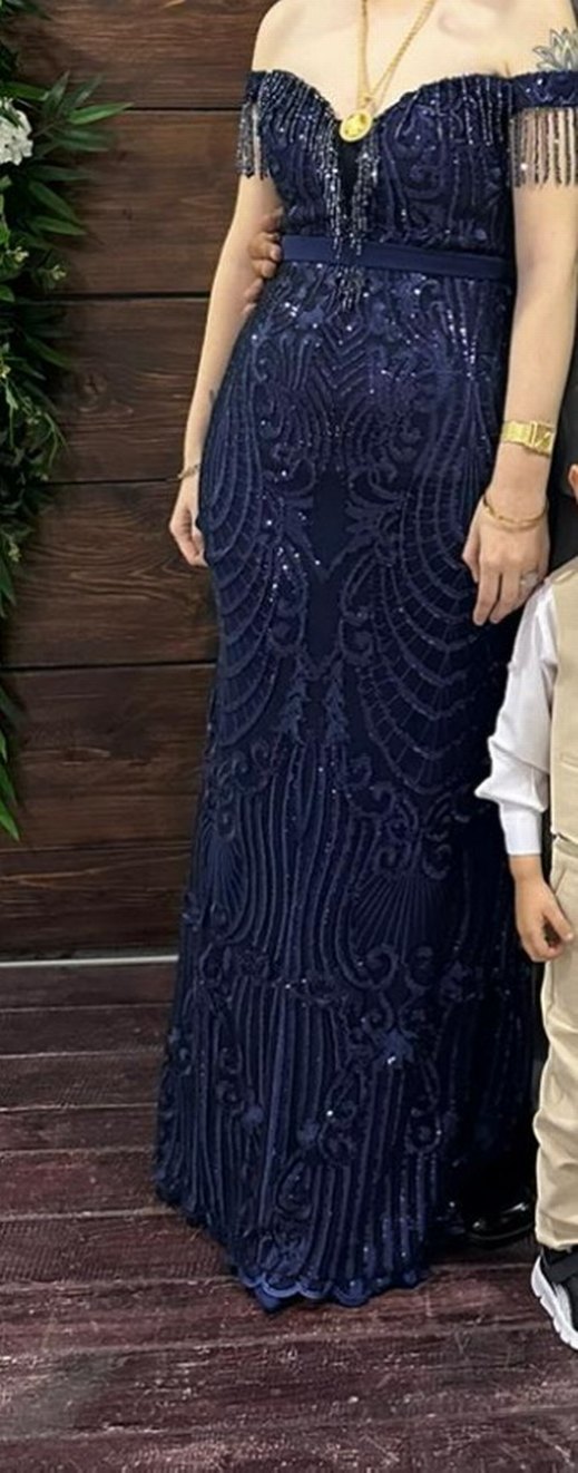 Boncuk İşlemeli Lacivert Uzun Abiye Elbise - Görsel 2