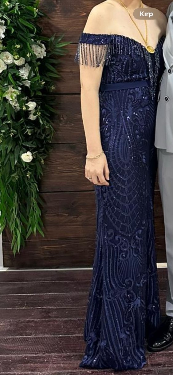 Boncuk İşlemeli Lacivert Uzun Abiye Elbise - Görsel 3