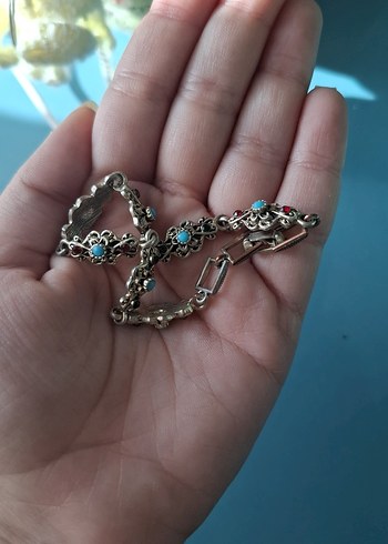 Turkuaz Taşlı Zincir Detaylı Bohem Vintage Bileklik - Görsel 3