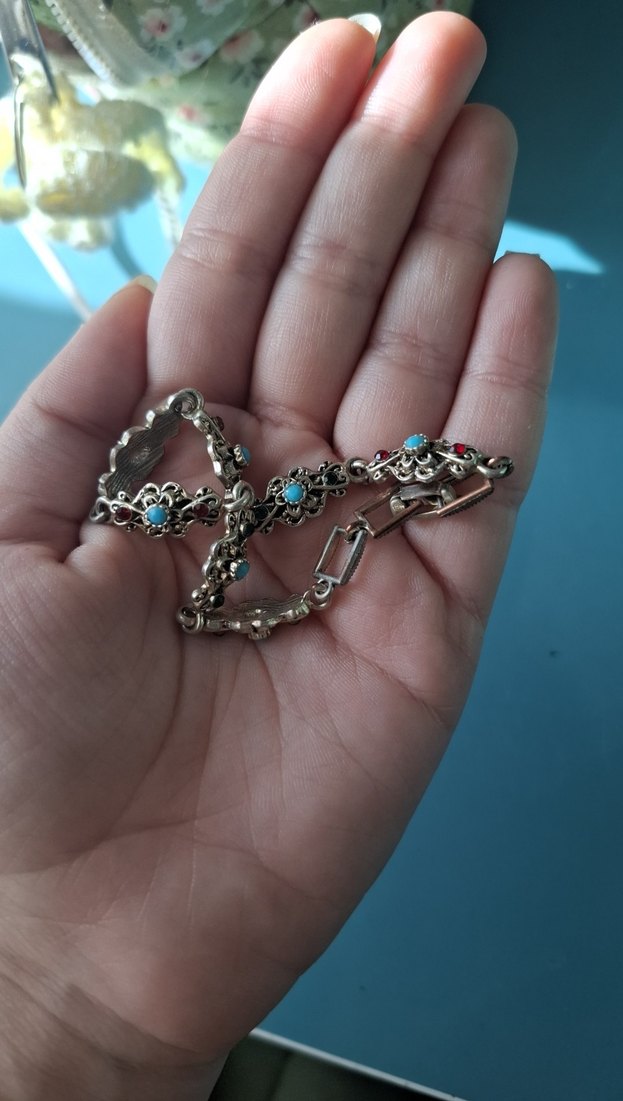 Turkuaz Taşlı Zincir Detaylı Bohem Vintage Bileklik - Görsel 3