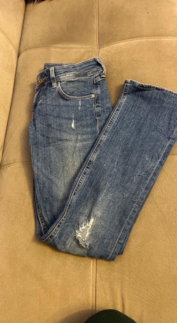 Kadın Mavi Bol Kesim Midi Denim Pantolon hafif İspanyol - Görsel 2