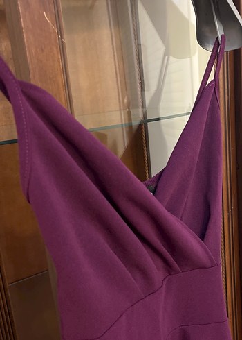 Mor V Yaka Drapeli Midi Elbise - Görsel 3