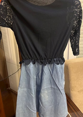 Kız Çocuk Lacivert Dantelli Kot Elbise - Görsel 3