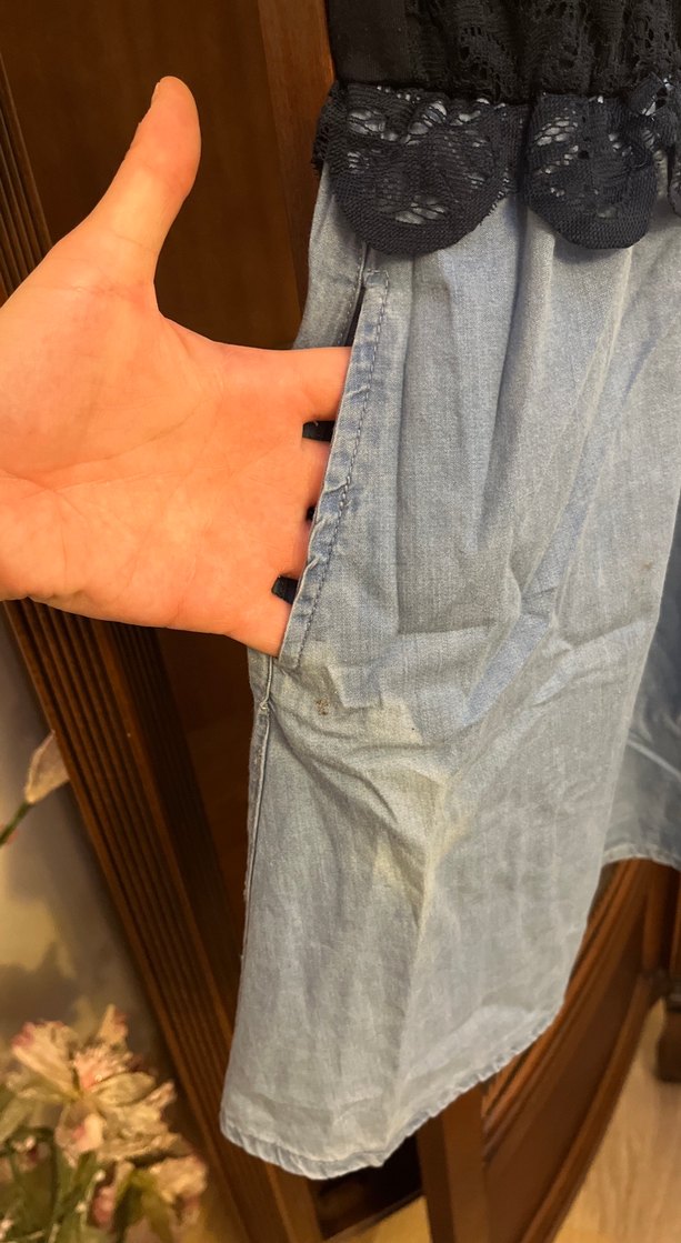 Kız Çocuk Lacivert Dantelli Kot Elbise - Görsel 2