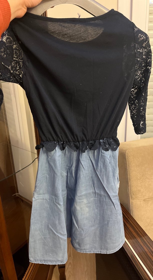 Kız Çocuk Lacivert Dantelli Kot Elbise - Görsel 3