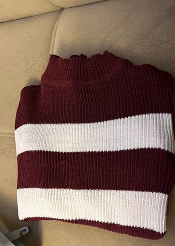 Bordo Beyaz Çizgili Boğazlı Kadın Kazak - Görsel 2