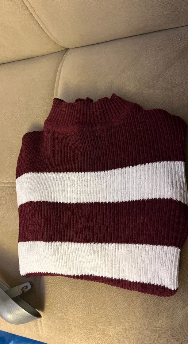 Bordo Beyaz Çizgili Boğazlı Kadın Kazak - Görsel 2