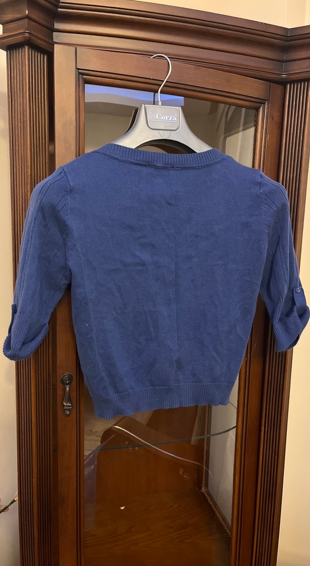 Mavi Kısa Kollu Düğmeli Kadın Hırka - Görsel 2