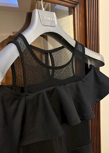 Fırfırlı Siyah Straplez Uzun Elbise - Görsel 2