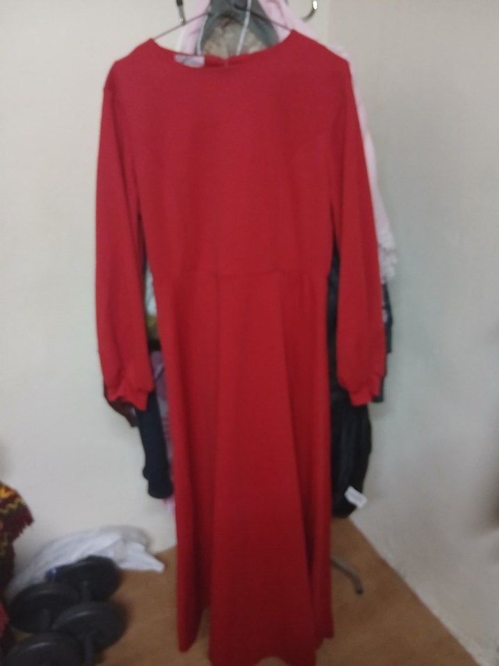 Koyu Kırmızı Uzun Kollu Salaş Kadın Elbise - Görsel 2