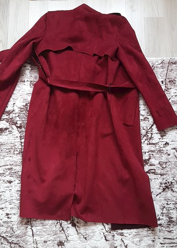 Bordo Süet Kadın Uzun Trençkot - Görsel 2