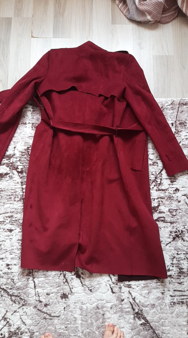 Bordo Süet Kadın Uzun Trençkot - Görsel 2