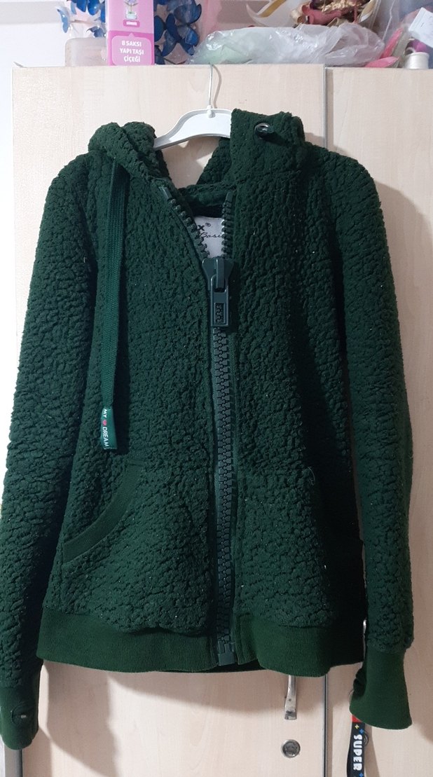 Kapüşonlu Fermuarlı Koyu Yeşil Kadın Ceket - Görsel 2