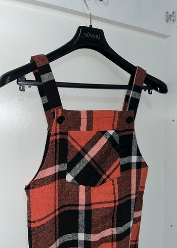 Kadın Kırmızı Kareli Askılı Mini Elbise - Görsel 3