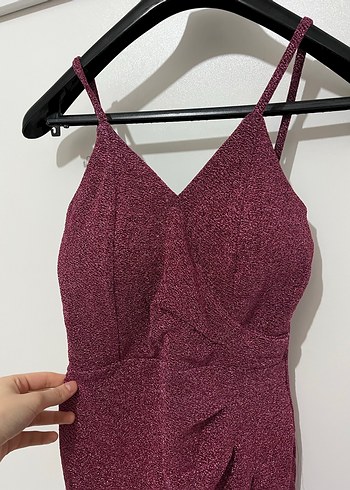Bordo Drapeli İnce Askılı Midi Elbise - Görsel 3