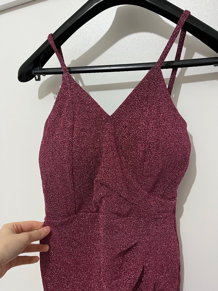 Bordo Drapeli İnce Askılı Midi Elbise - Görsel 3