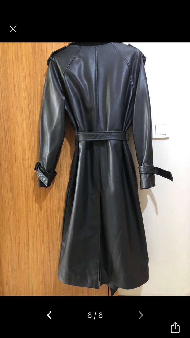 Kadın Siyah Deri Kemerli Uzun Trençkot - Görsel 5