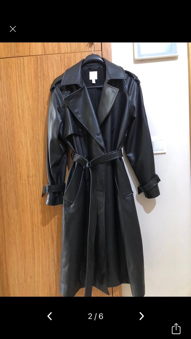 Kadın Siyah Deri Kemerli Uzun Trençkot - Görsel 4