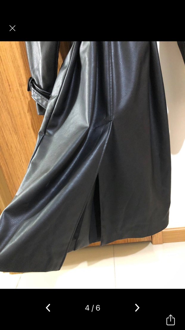 Kadın Siyah Deri Kemerli Uzun Trençkot - Görsel 3